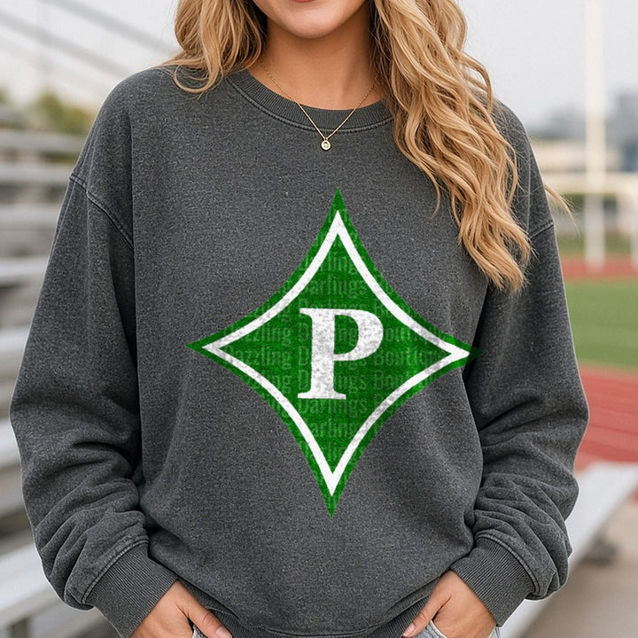 Pickens Dragons Pickens P Logo DTF transfer shown on a Comfort Colors sweatshirt