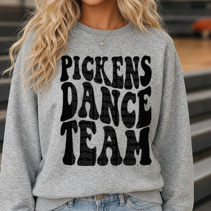 Pickens Dragons Dance Team DTF transfer shown on a Comfort Colors sweatshirt