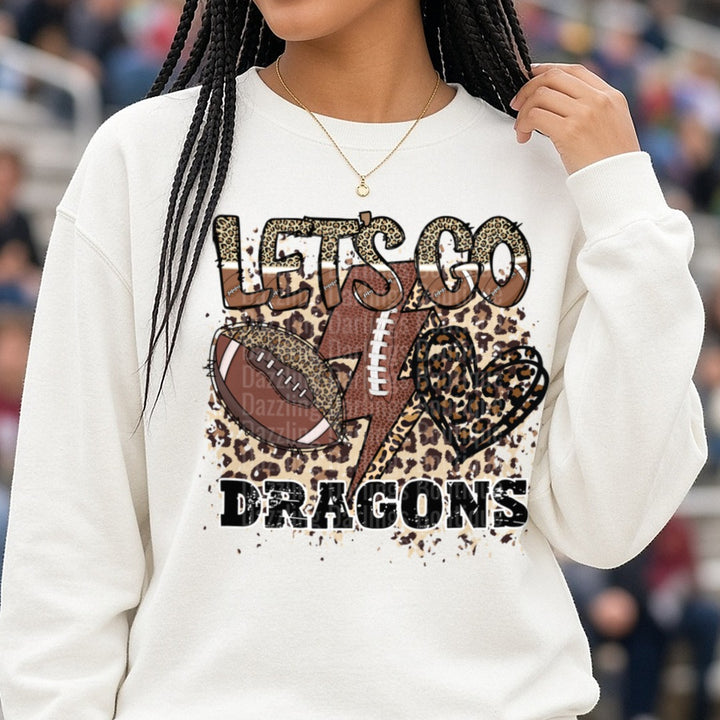 Pickens Dragons Let's Go Dragons Football DTF transfer shown on a Comfort Colors sweatshirt