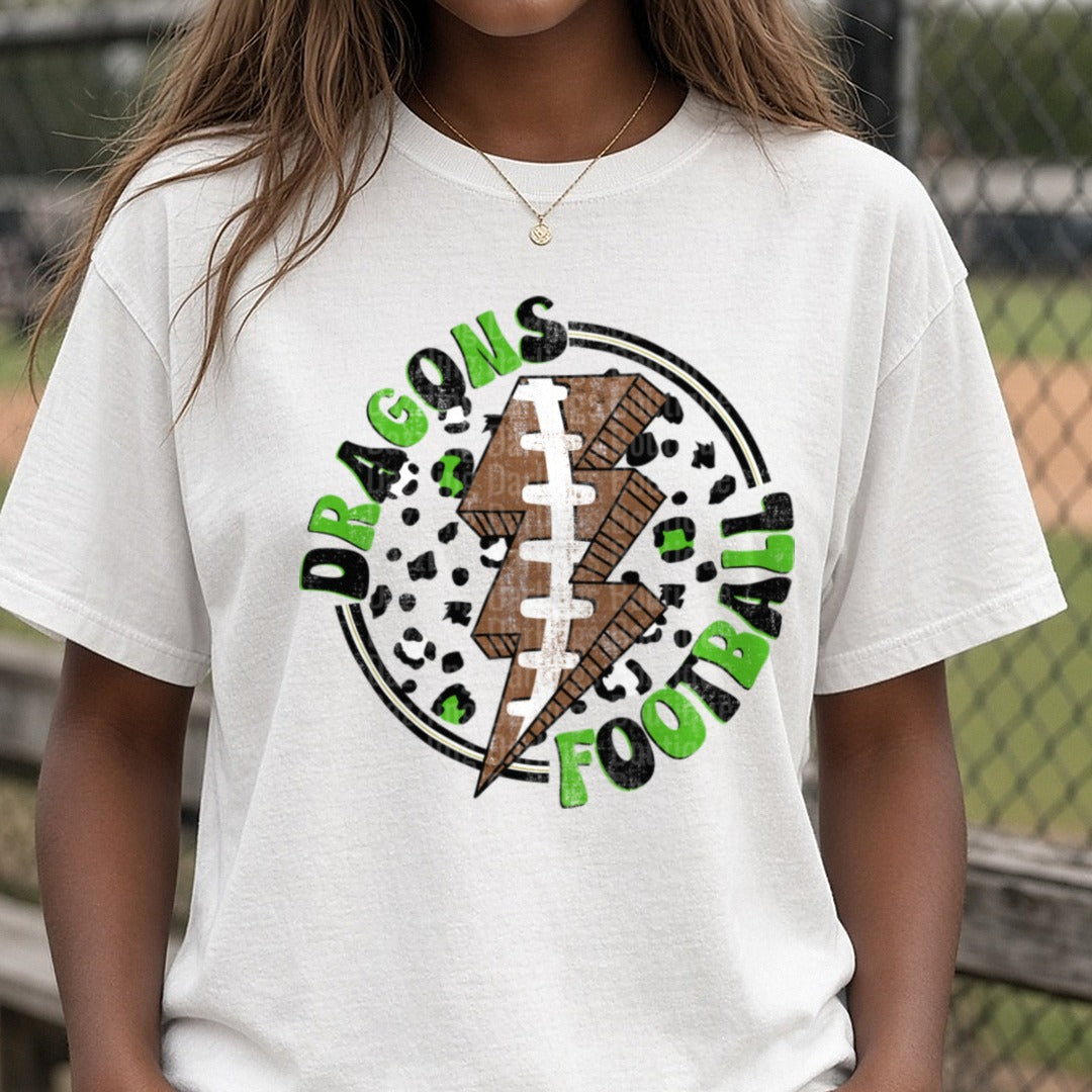 Pickens Dragons Football Retro Lightning Bolt DTF transfer shown on a Comfort Colors tee