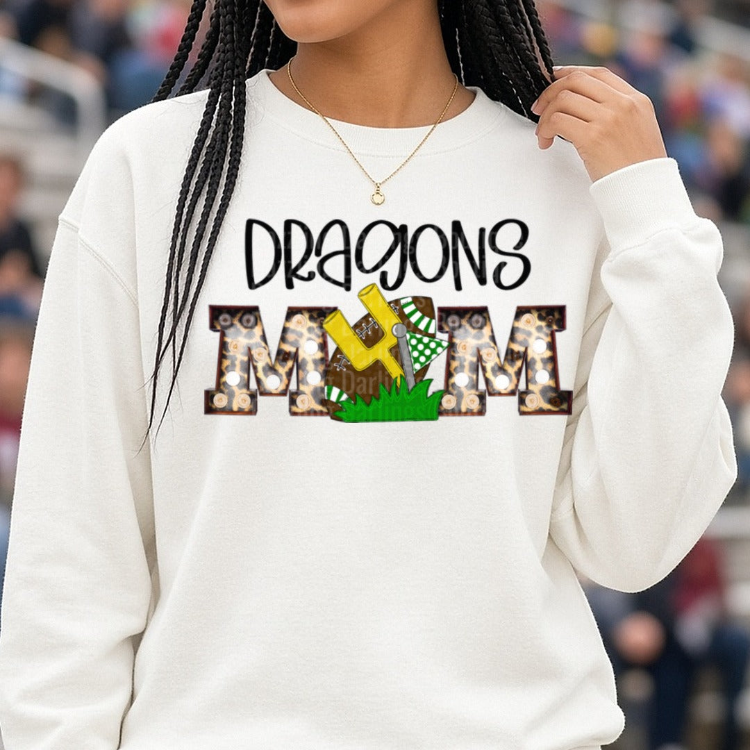 Pickens Dragons Mom Football DTF transfer shown on a Comfort Colors sweatshirt