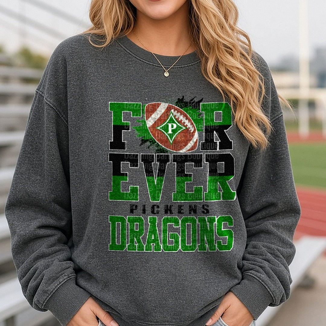 Pickens Dragons Forever Pickens Dragons DTF transfer shown on a Comfort Colors sweatshirt
