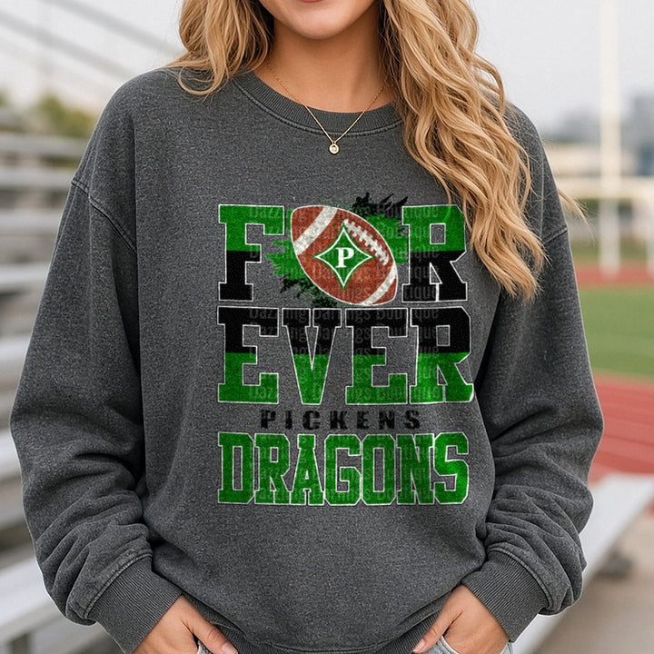 Pickens Dragons Forever Pickens Dragons DTF transfer shown on a Comfort Colors sweatshirt