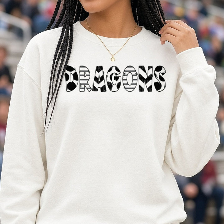 Pickens Dragons Dragons Doodle Letters DTF transfer shown on a Comfort Colors sweatshirt