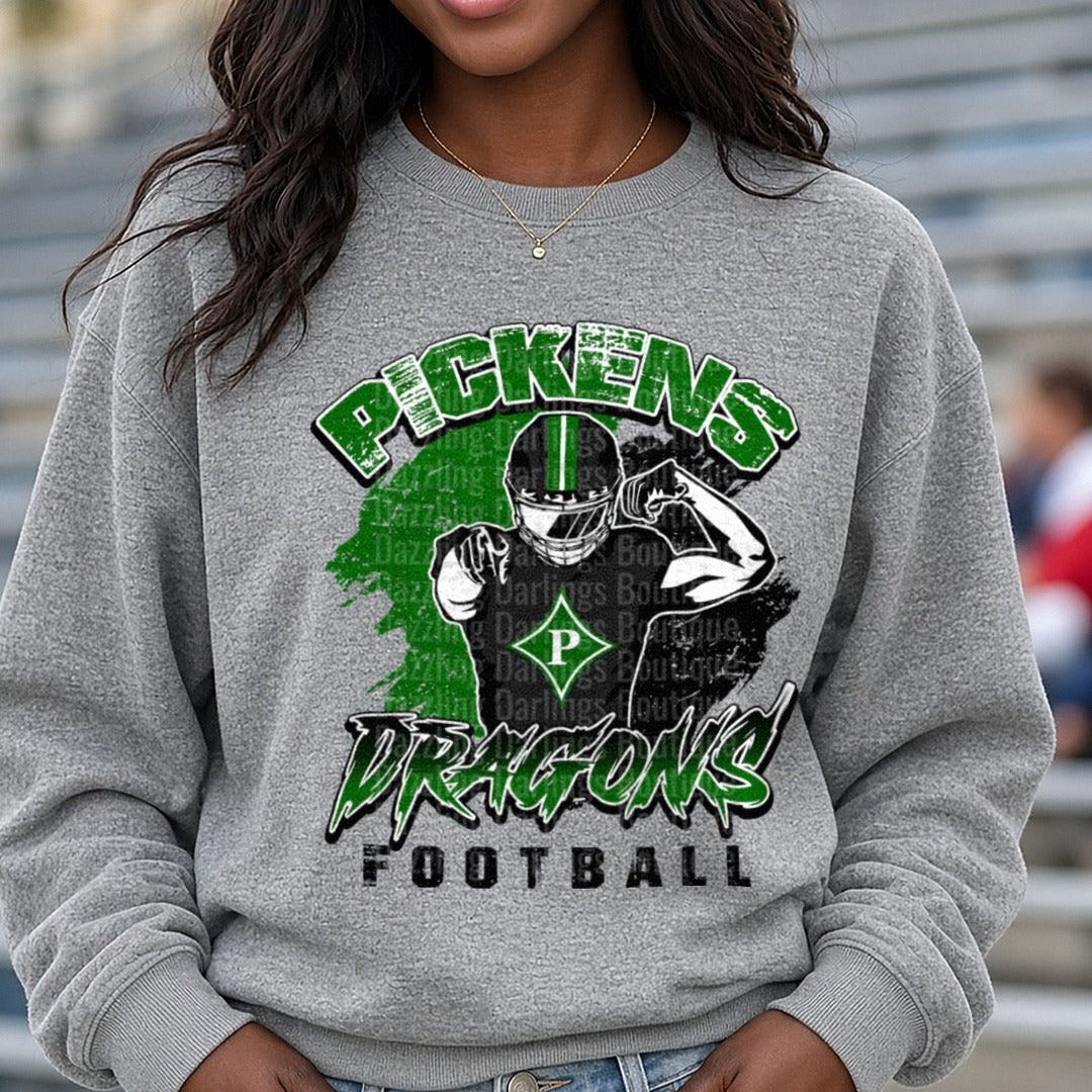 Pickens Dragons Football Player DTF transfer shown on a Comfort Colors sweatshirt