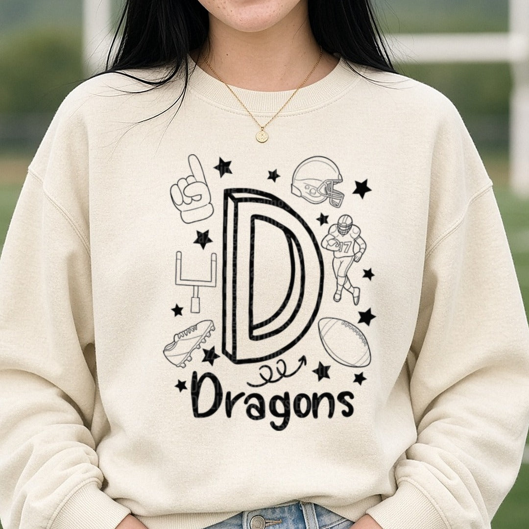 Pickens Dragons Spirit Doodle DTF transfer shown on a Comfort Colors sweatshirt