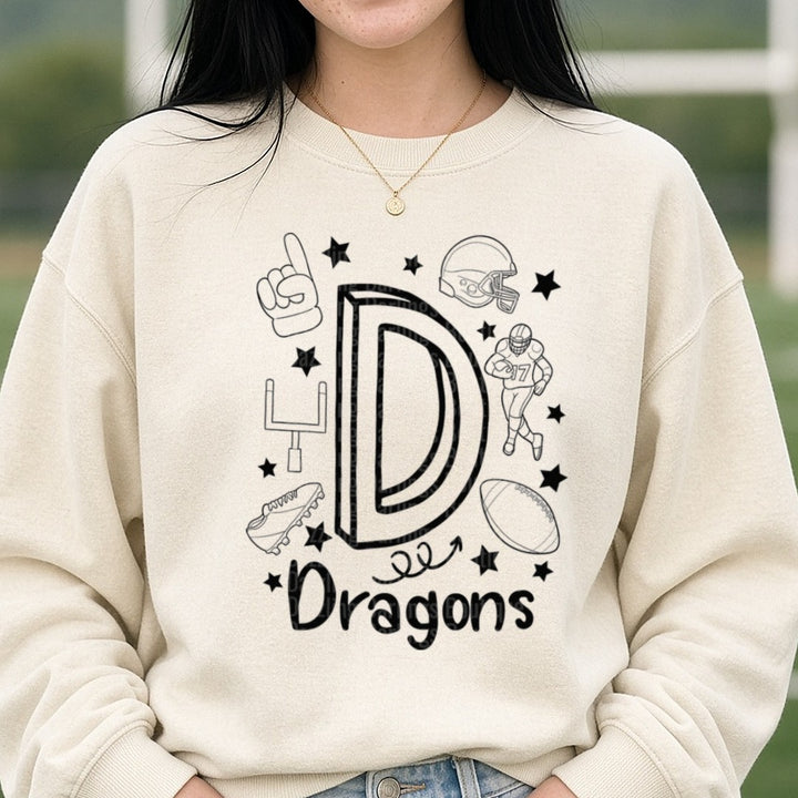 Pickens Dragons Spirit Doodle DTF transfer shown on a Comfort Colors sweatshirt