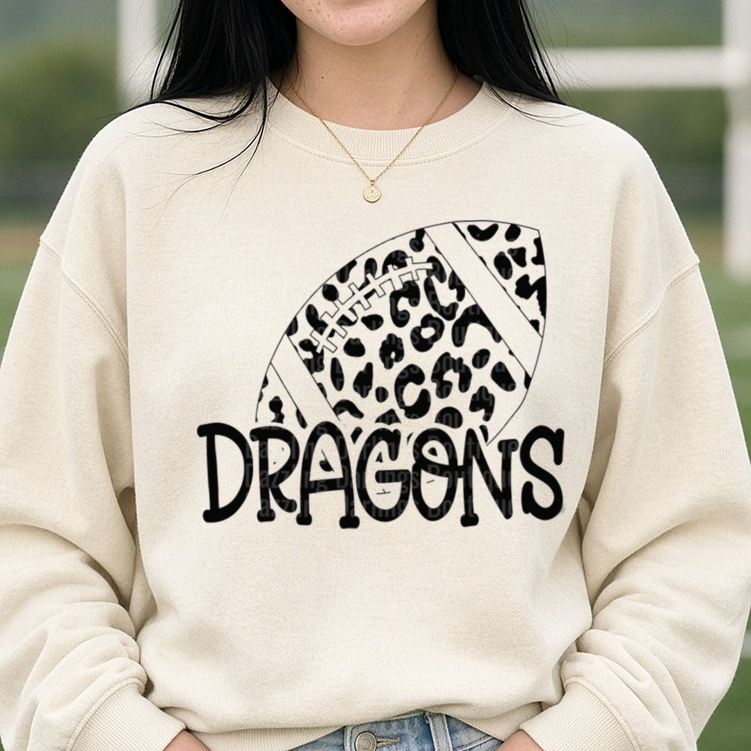 Pickens Dragons Leopard Football DTF transfer shown on a Comfort Colors sweatshirt