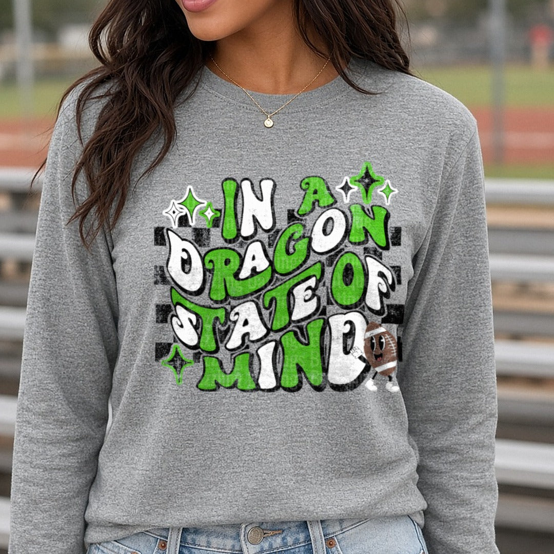 Pickens Dragons In A Dragon State Of Mind Football Mascot DTF transfer shown on a Comfort Colors long sleeve tee