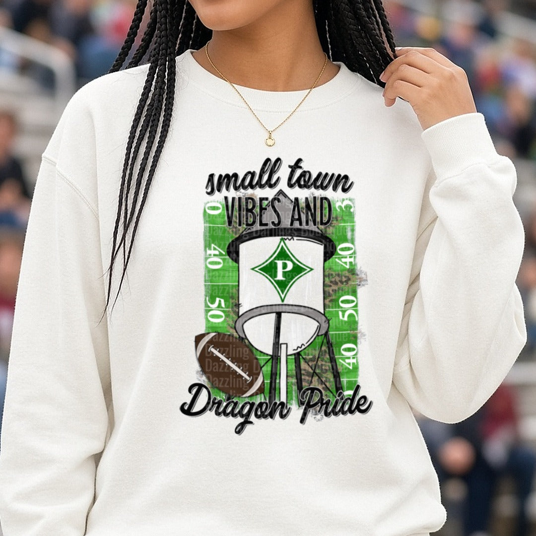 Pickens Dragons Small Town Vibes DTF transfer shown on a Comfort Colors sweatshirt