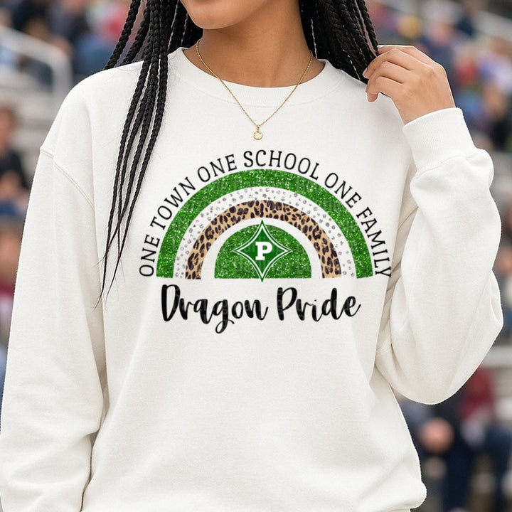 Pickens Dragons One Town One School Dragon Pride DTF transfer shown on a Comfort Colors sweatshirt