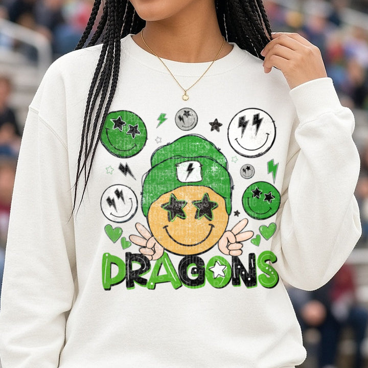 Pickens Dragons Retro Smiley Faces DTF transfer shown on a Comfort Colors sweatshirt