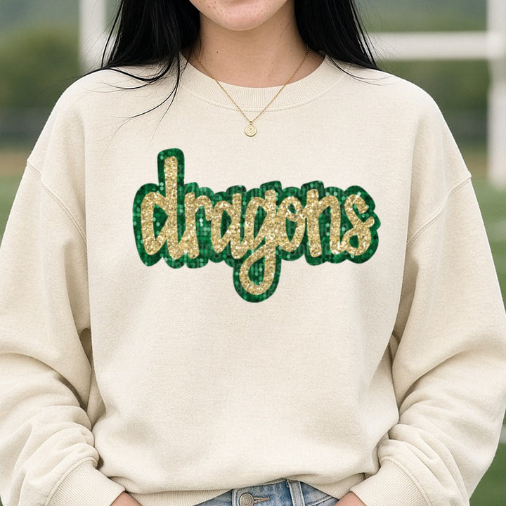Pickens Dragons Green and Gold Sparkle DTF transfer shown on a Comfort Colors sweatshirt