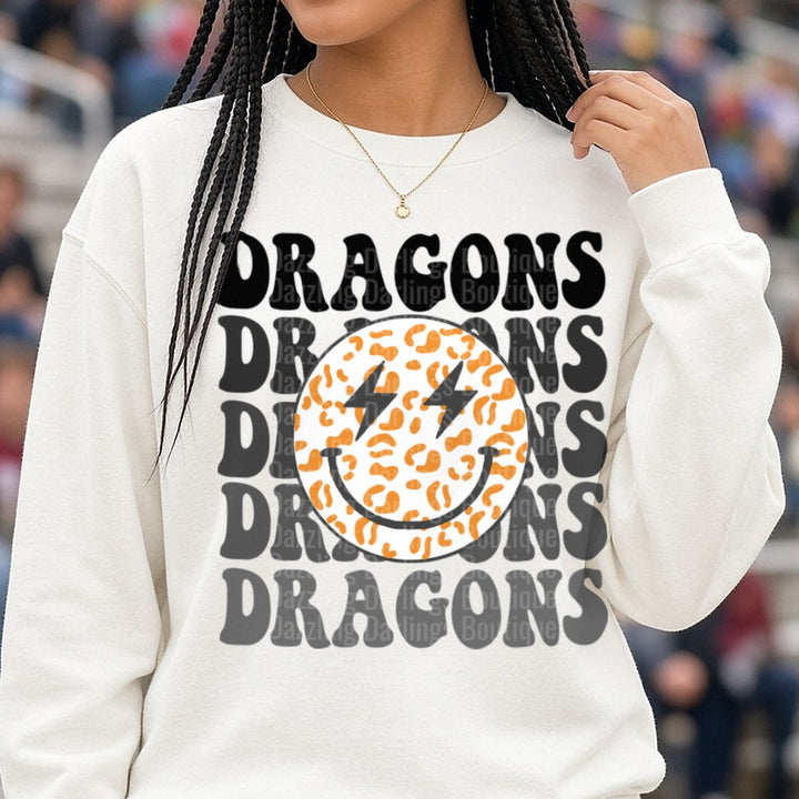 Pickens Dragons Smiley Face Leopard DTF transfer shown on a Comfort Colors sweatshirt
