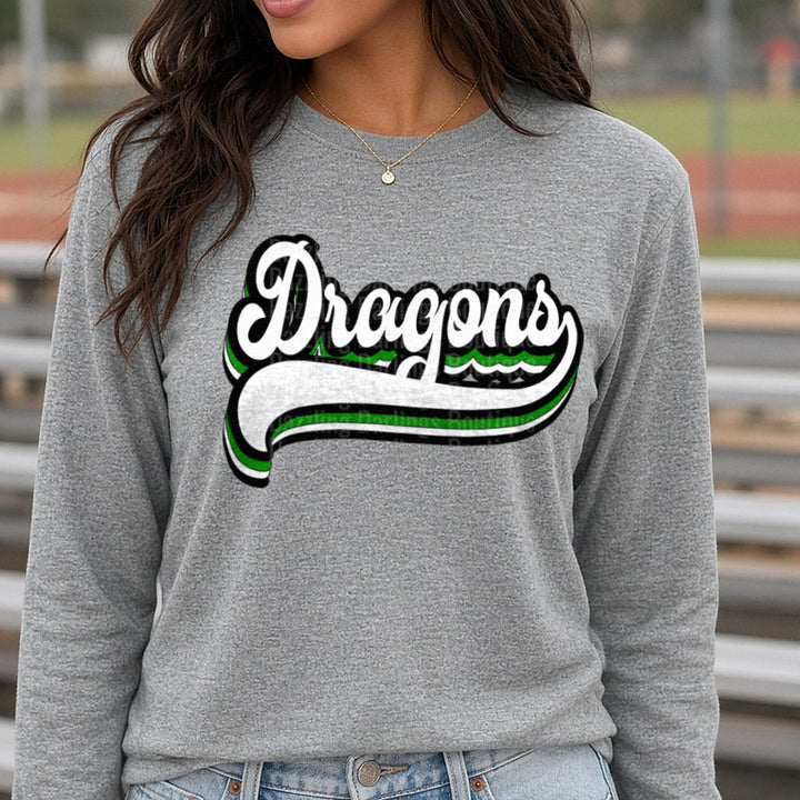 Pickens Dragons Retro Font DTF transfer shown on a Comfort Colors long sleeve tee