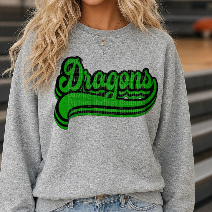 Pickens Dragons Retro Font Green Glitter Script DTF transfer shown on a Comfort Colors sweatshirt