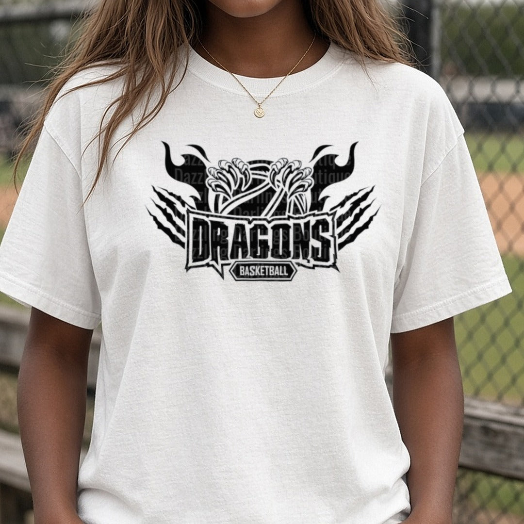 Pickens Dragons Basketball DTF transfer shown on a Comfort Colors tee