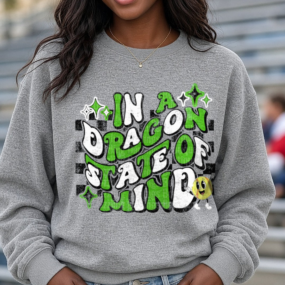 Pickens Dragons in a Dragon State of Mind Softball DTF transfer shown on a Comfort Colors sweatshirt