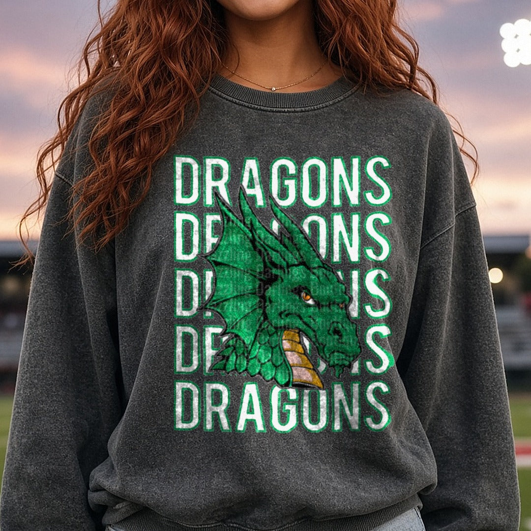 Pickens Dragons Dragons Stacked DTF transfer shown on a Comfort Colors sweatshirt