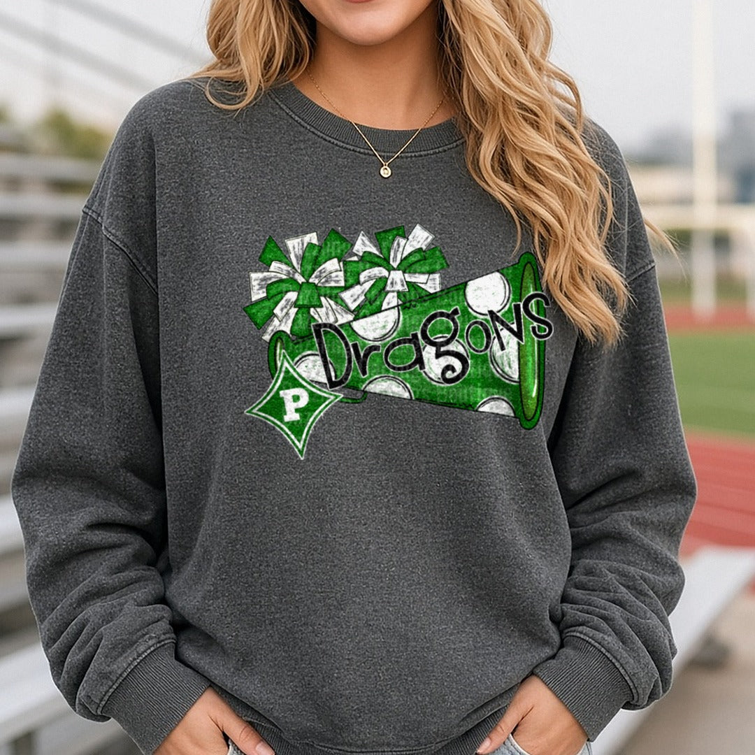 Pickens Dragons Cheer DTF transfer shown on a Comfort Colors sweatshirt