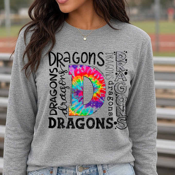 Pickens Dragons Tie-Dye Collage DTF transfer shown on a Comfort Colors long sleeve tee
