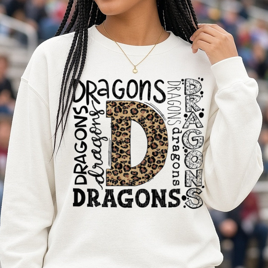 Pickens Dragons Leopard Collage DTF transfer shown on a Comfort Colors sweatshirt