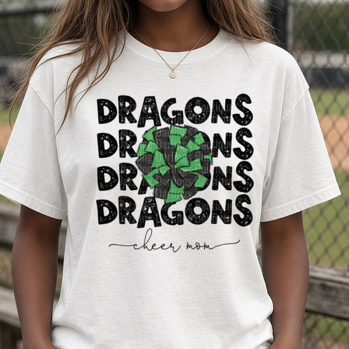 Pickens Dragons Cheer Mom DTF transfer shown on a Comfort Colors tee