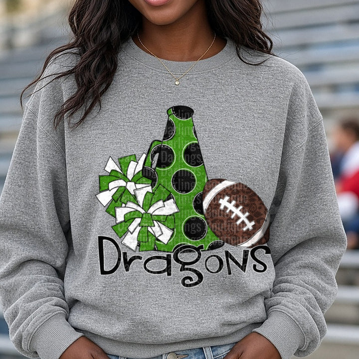 Pickens Dragons Megaphone Football DTF transfer shown on a Comfort Colors sweatshirt