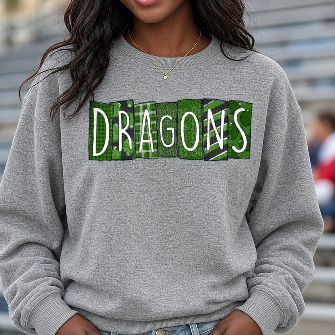Pickens Dragons Color Block Letters DTF transfer shown on a Comfort Colors sweatshirt