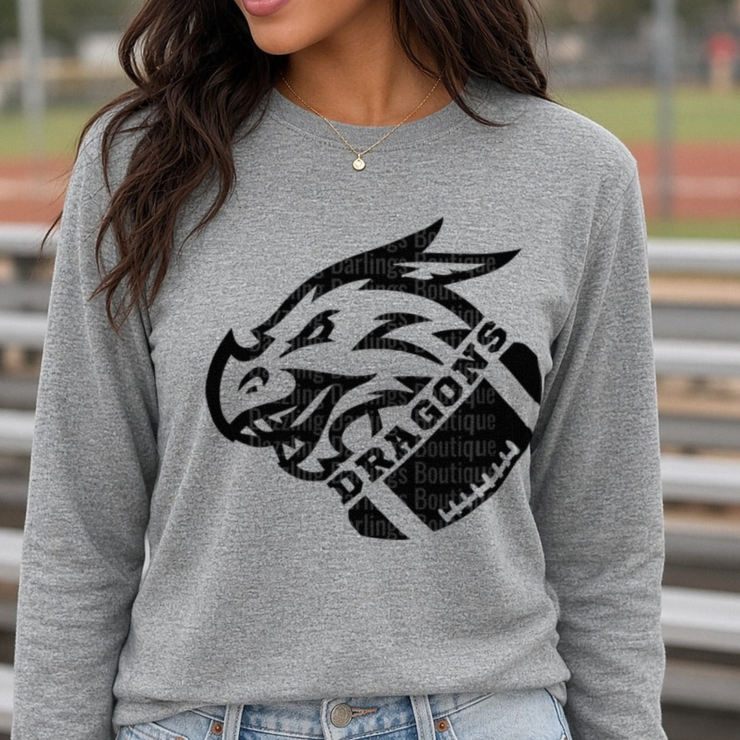 Pickens Dragons Football Black Dragon Head Football DTF transfer shown on a Comfort Colors long sleeve tee