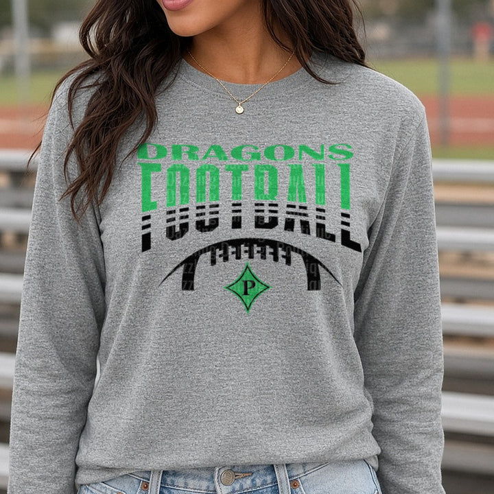Pickens Dragons Dragons Football Arched with Logo DTF transfer shown on a Comfort Colors long sleeve tee