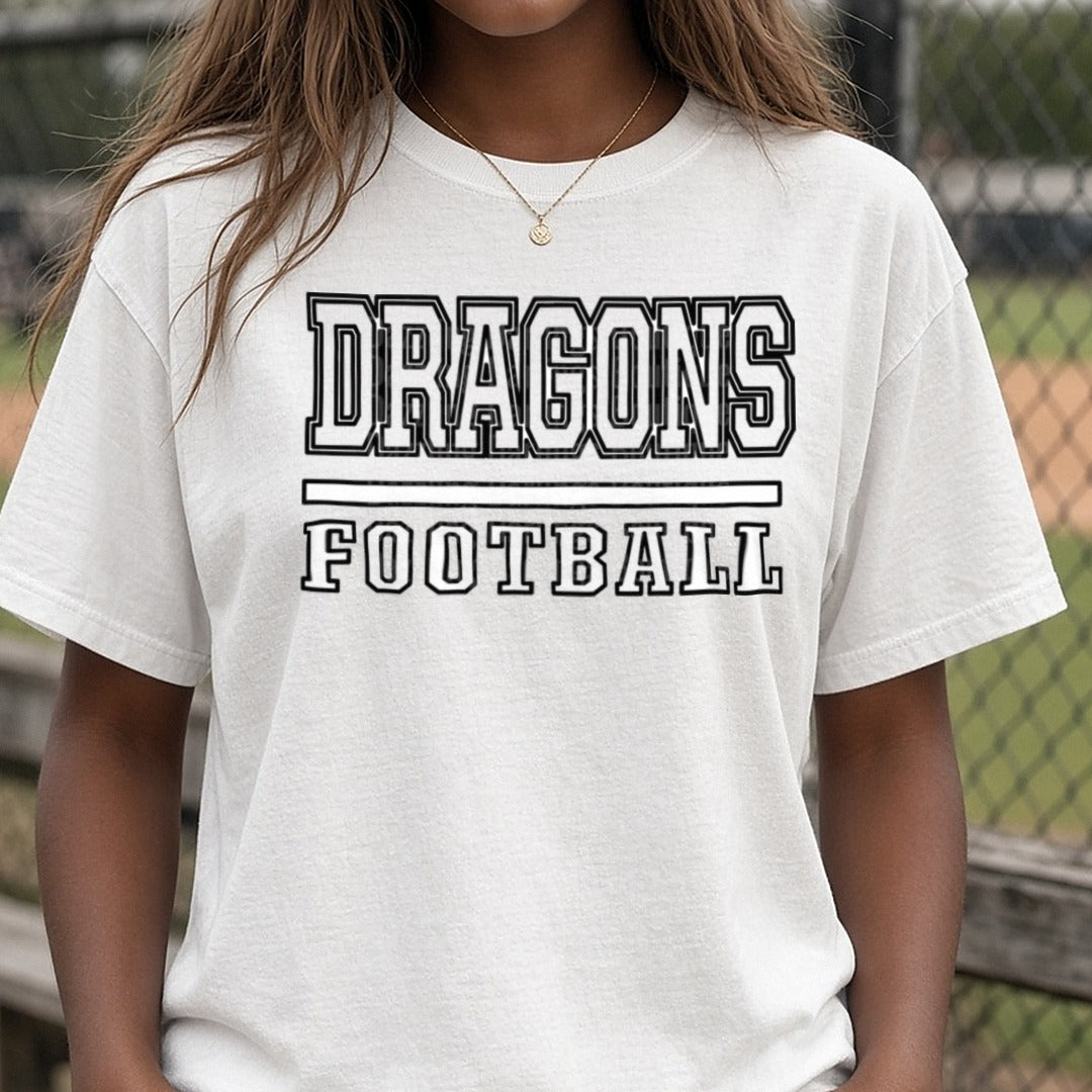 Pickens Dragons Football Varsity Outline Letters DTF transfer shown on a Comfort Colors tee