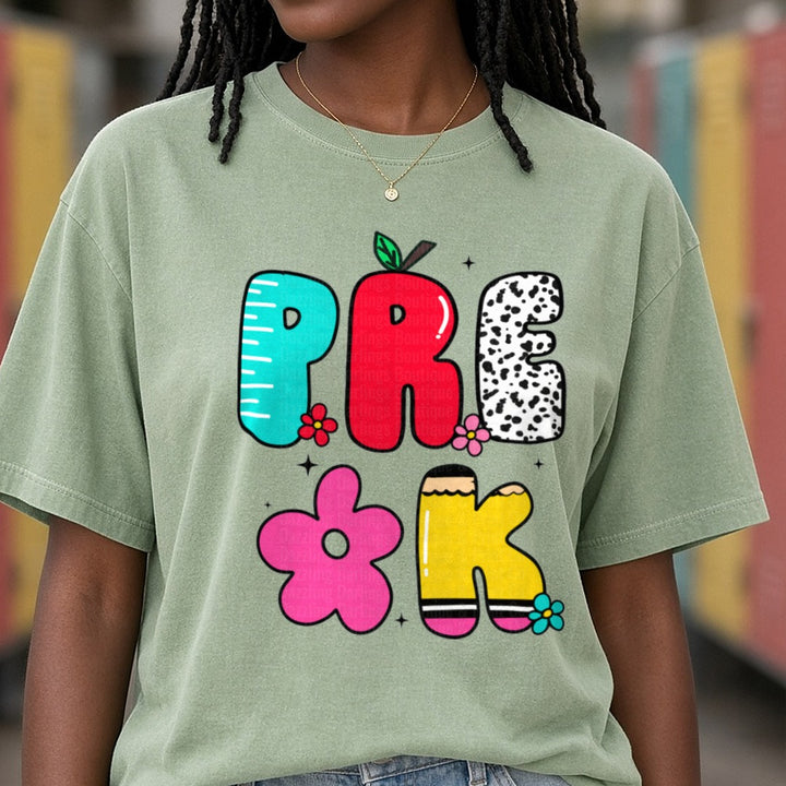 Back to School Teacher Prek Doodles DTF transfer shown on a Comfort Colors tee