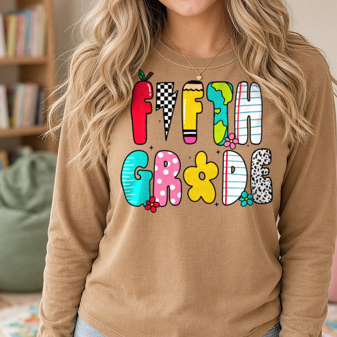 Back to School Teacher 5th Doodles DTF transfer shown on a Comfort Colors long sleeve tee