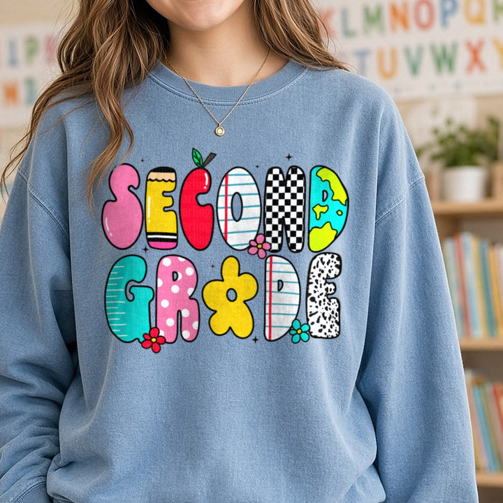 Back to School Teacher 2nd Doodles DTF transfer shown on a Comfort Colors sweatshirt