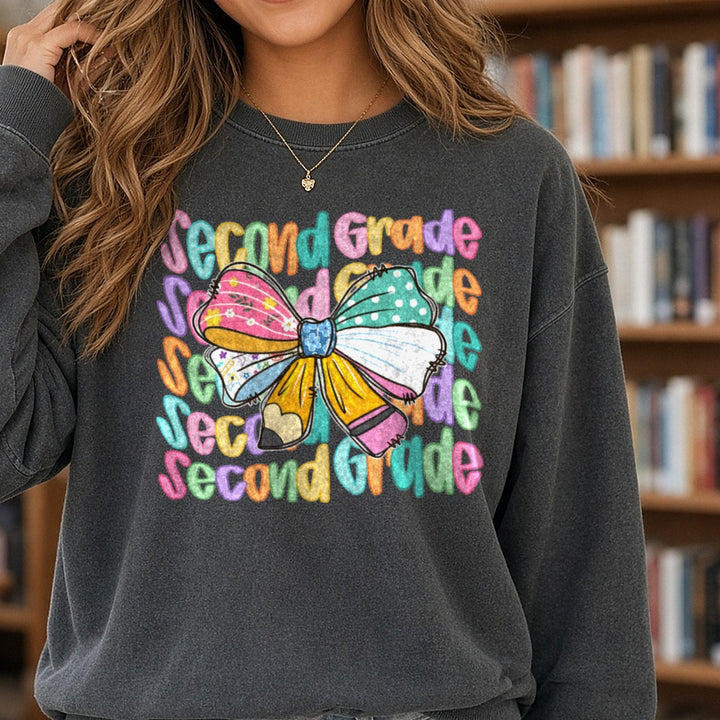 Back to School Teacher Second Grade DTF transfer shown on a Comfort Colors sweatshirt