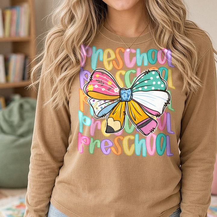 Back to School Teacher Preschool DTF transfer shown on a Comfort Colors long sleeve tee