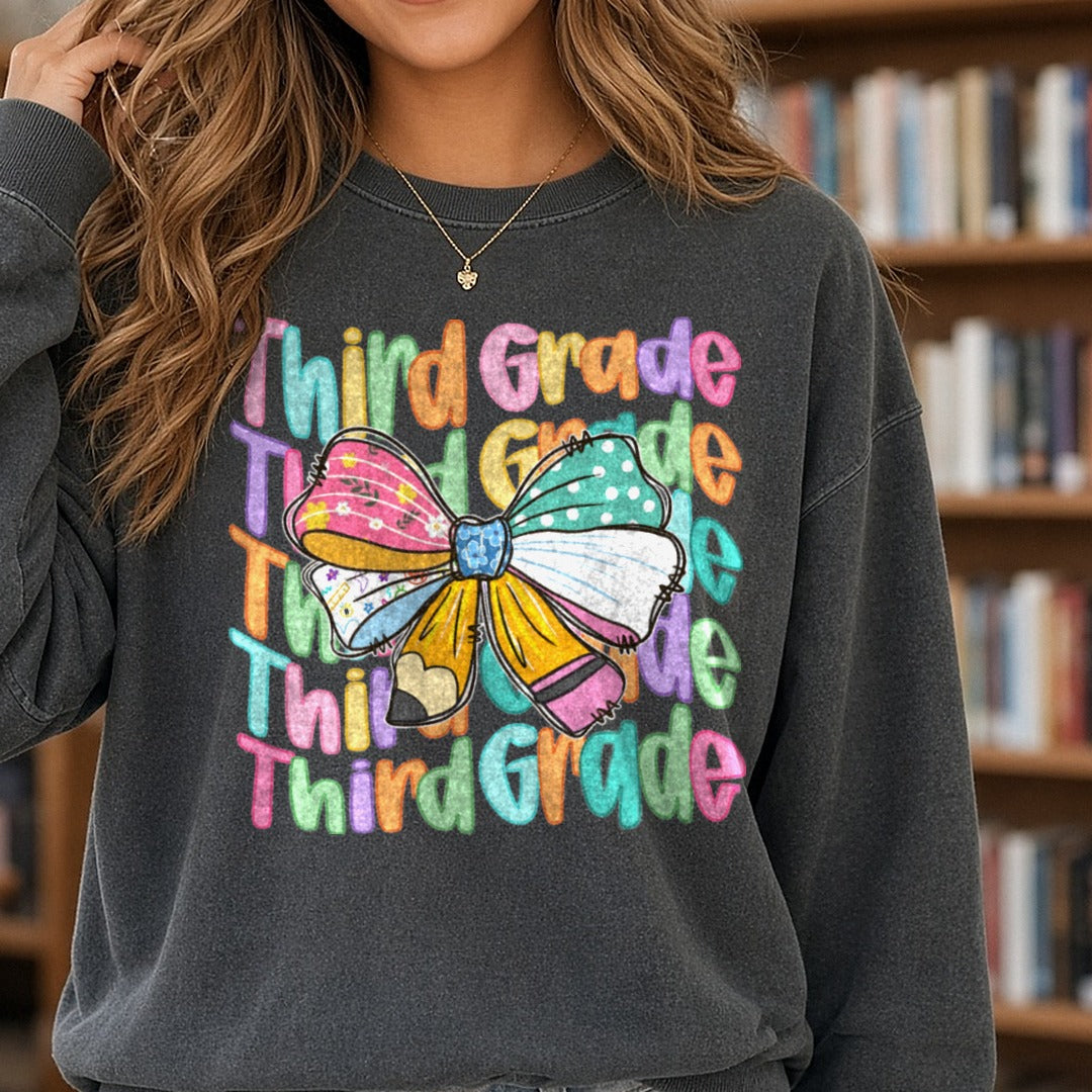 Back to School Teacher Third Grade DTF transfer shown on a Comfort Colors sweatshirt