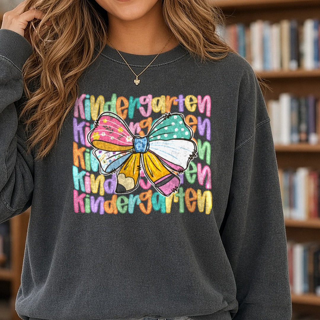 Back to School Teacher Kindergarten DTF transfer shown on a Comfort Colors sweatshirt