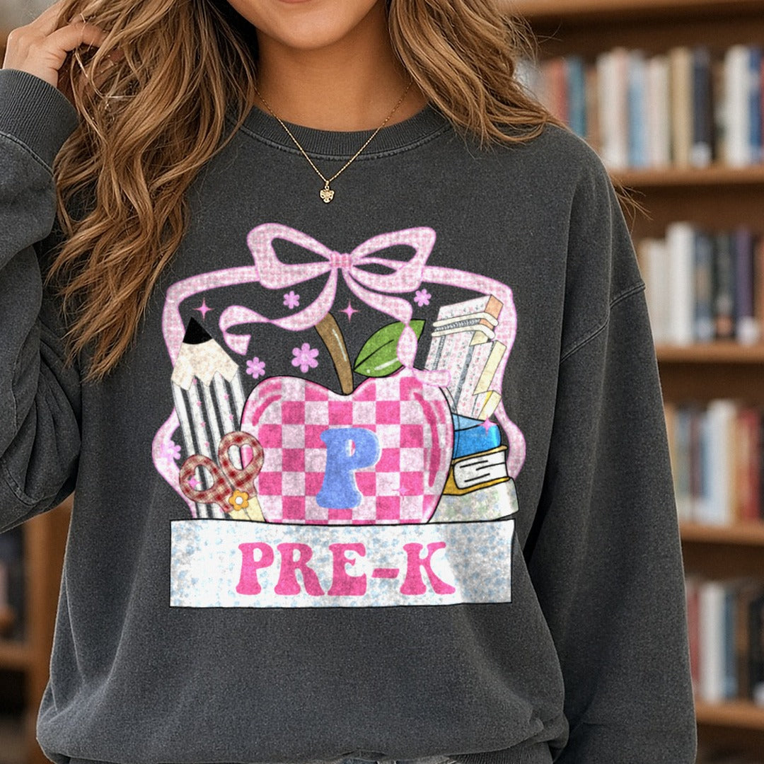 Back to School Teacher Pre-K DTF transfer shown on a Comfort Colors sweatshirt