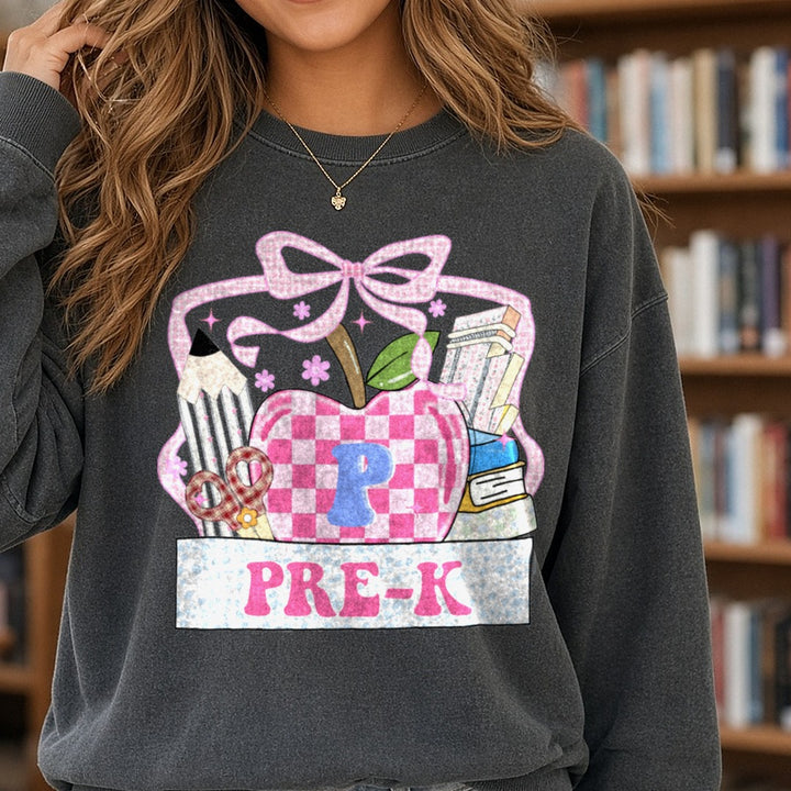 Back to School Teacher Pre-K DTF transfer shown on a Comfort Colors sweatshirt