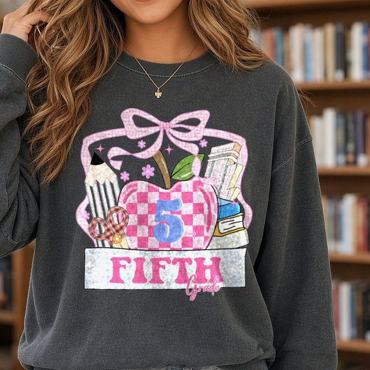 Back to School Teacher Fifth DTF transfer shown on a Comfort Colors sweatshirt