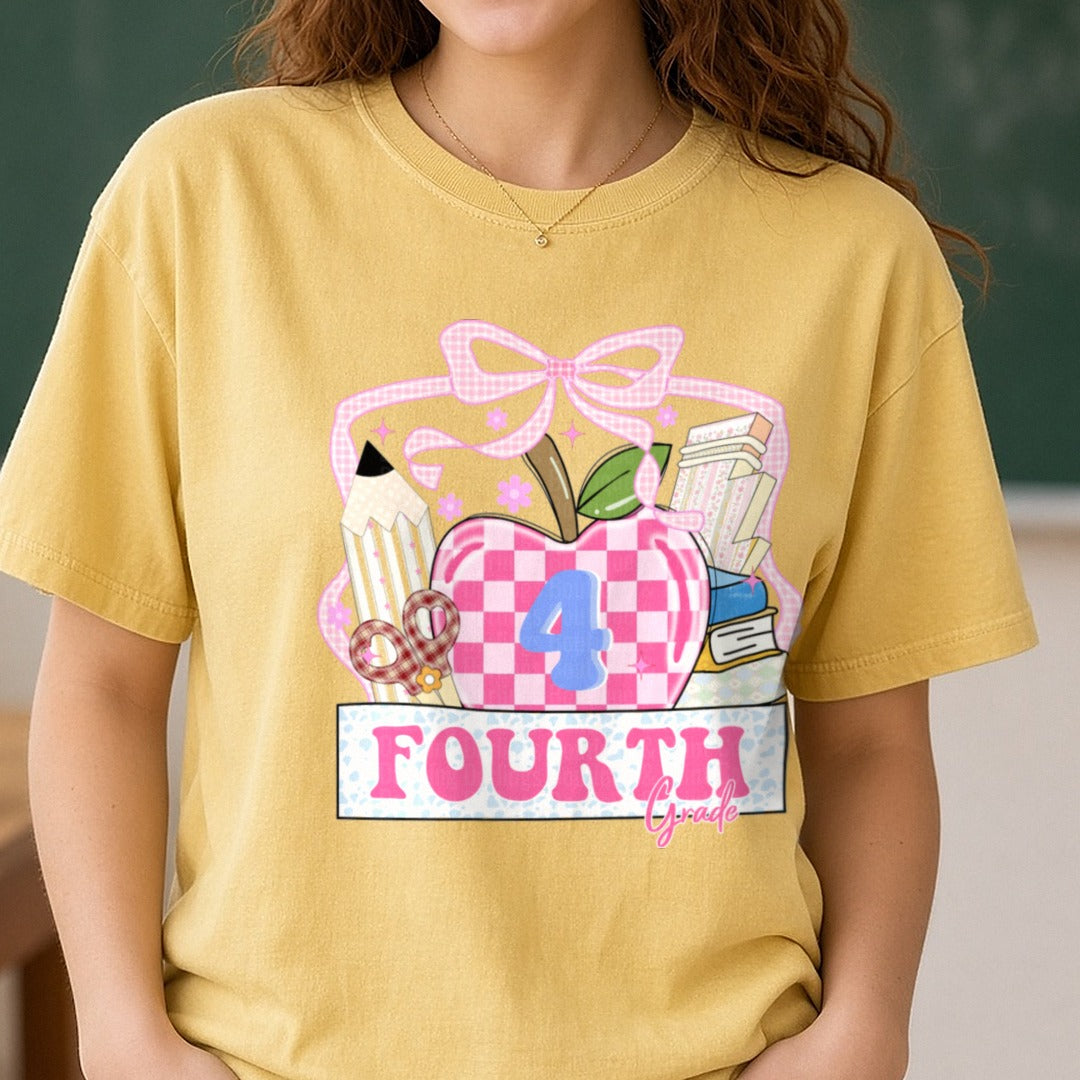 Back to School Teacher Fourth DTF transfer shown on a Comfort Colors tee