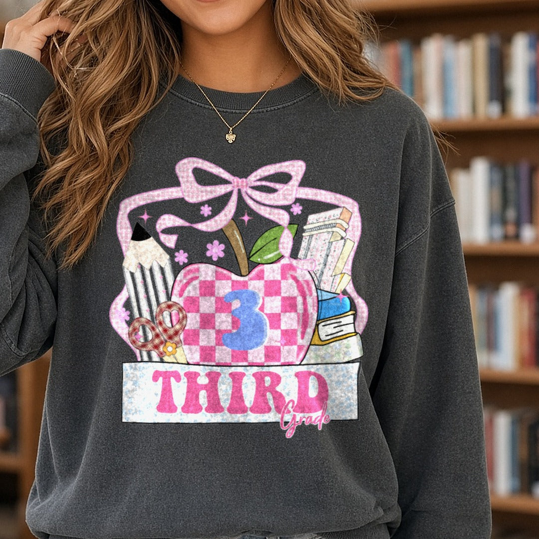 Back to School Teacher Third DTF transfer shown on a Comfort Colors sweatshirt