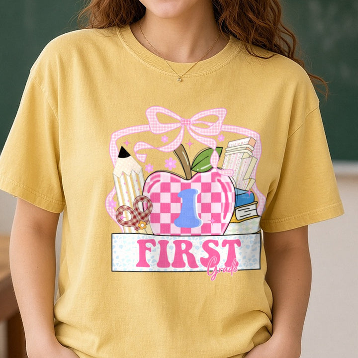 Back to School Teacher First DTF transfer shown on a Comfort Colors tee