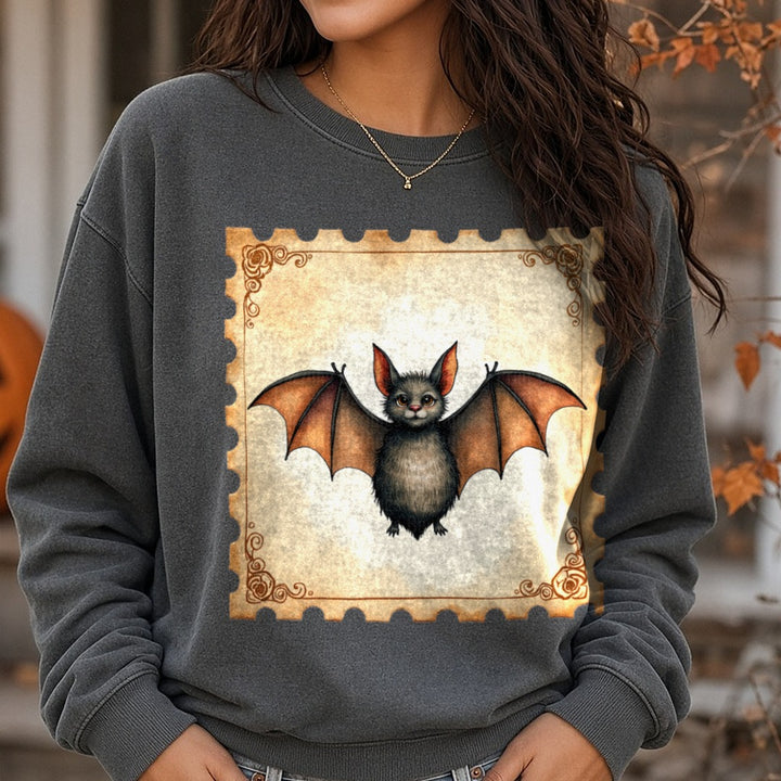 Halloween Fall Bat Stamp DTF transfer shown on a Comfort Colors sweatshirt