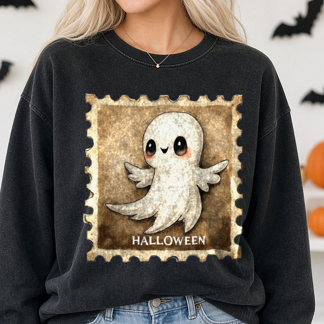 Halloween Fall Ghost Stamp DTF transfer shown on a Comfort Colors sweatshirt