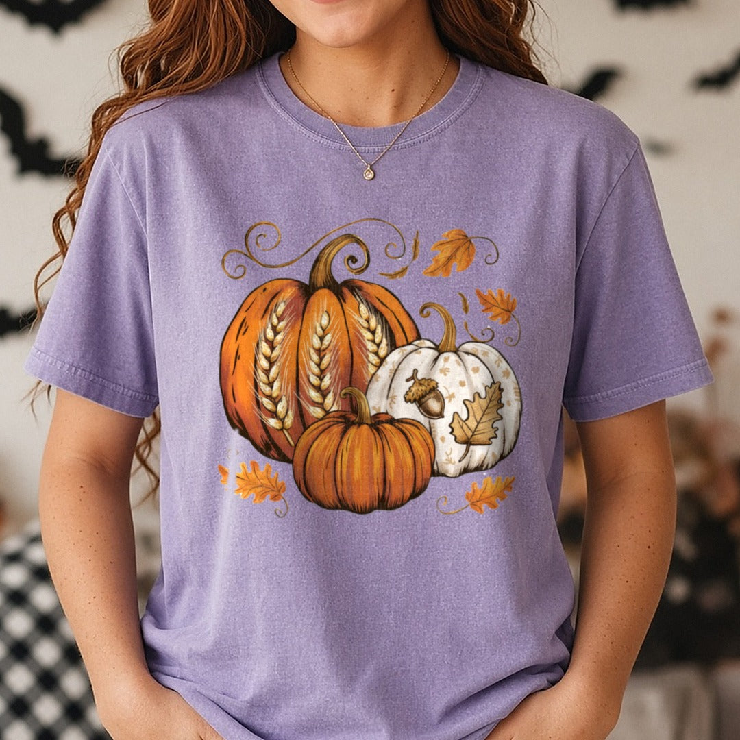 Halloween Fall Pumpkins DTF transfer shown on a Comfort Colors tee