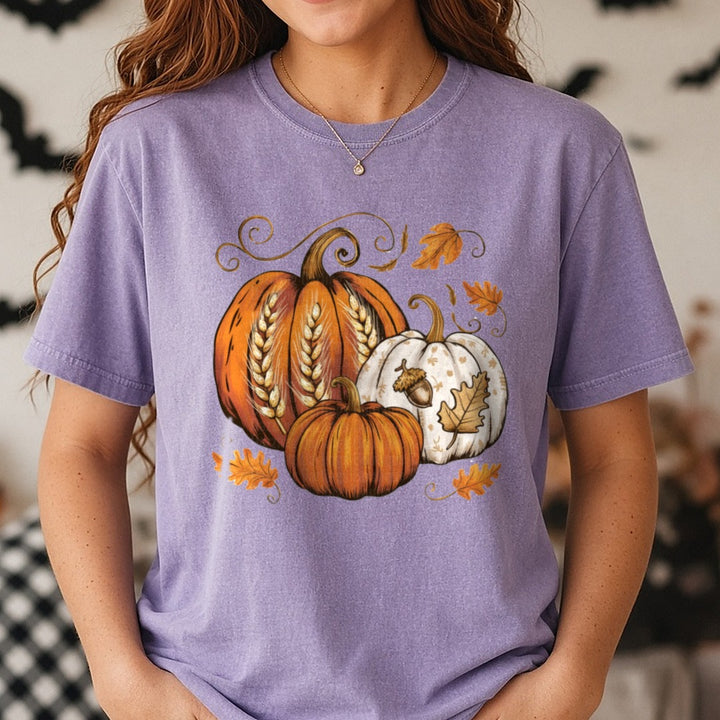 Halloween Fall Pumpkins DTF transfer shown on a Comfort Colors tee