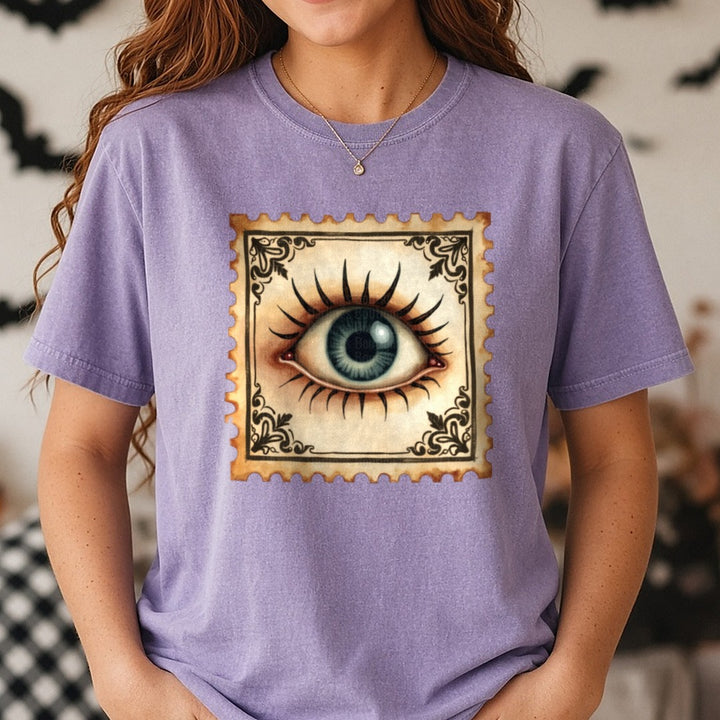 Halloween Fall Eye Stamp DTF transfer shown on a Comfort Colors tee